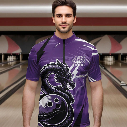 Custom Black And Purple Thunder Lightning Dragon Bowling Jerseys Bowling Quarter-Zip Shirts For Men IPHW8659