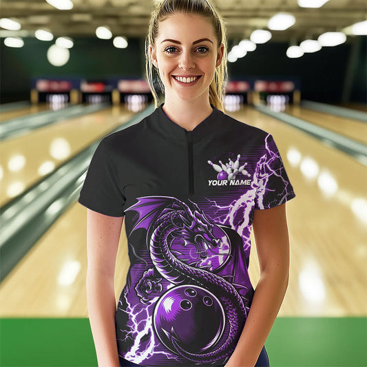 Custom Black And Purple Thunder Lightning Dragon Bowling Womens Quarter-Zip Shirts IPHW8664