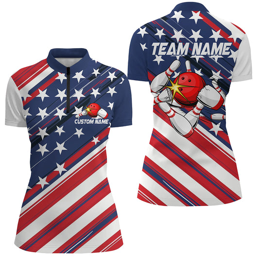 American Flag Bowling Shirts For Women, Custom Bowling Tournament Team Shirts IPHW6516