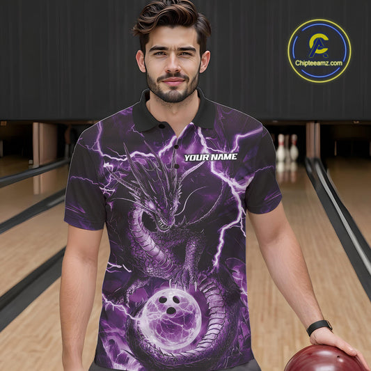 Custom Purple Thunder Lightning Dragon Bowling Polo Shirts For Men, Team Uniform IPHW9758