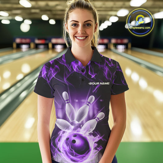 Custom Black And Purple Flame Bowling Team Women Polo Shirts, Fire Bowling League Shirt IPHW9387