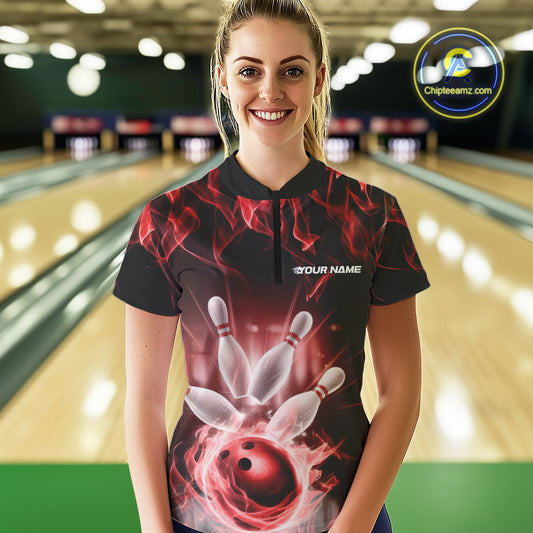 Custom Black And Red Flame Bowling Women Quarter-Zip Shirts, Fire Bowling League Shirt IPHW9388