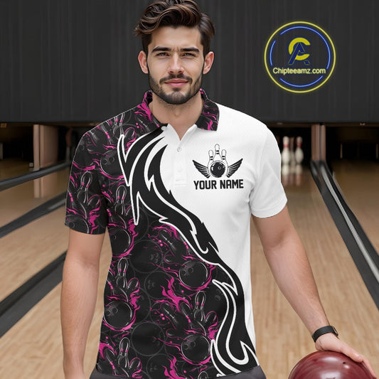 Custom Black And Pink Flame Bowling Team Shirts, Bowling League Shirt Men Bowling Jersey IPHW10546