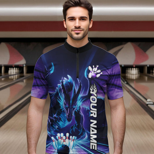 Custom Blue And Purple Dragon Bowling Quarter-Zip Shirts For Men, Dragon Bowling League Shirt IPHW8958