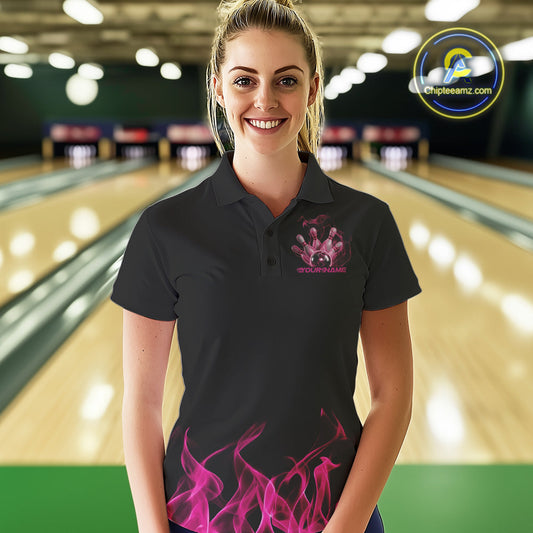 Custom Pink Skull Smoke Bowling Team Women Polo Shirts, Halloween Bowling Outfit IPHW9772