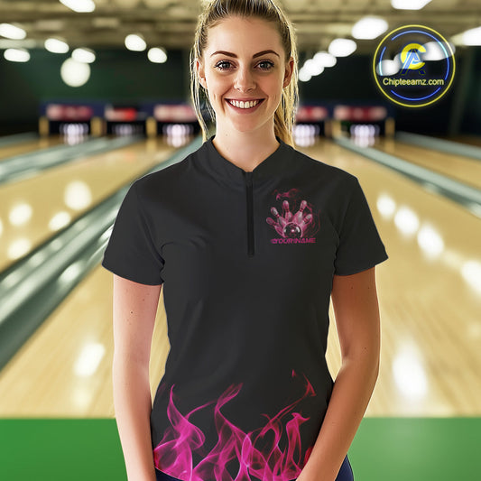 Custom Pink Skull Smoke Bowling Team Women Quarter-Zip Shirts, Halloween Bowling Outfit IPHW9772