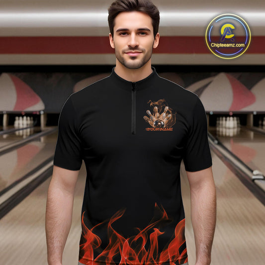 Custom Orange Skull Smoke Bowling Team Men Quarter-Zip Shirts, Halloween Bowling Outfit IPHW9775
