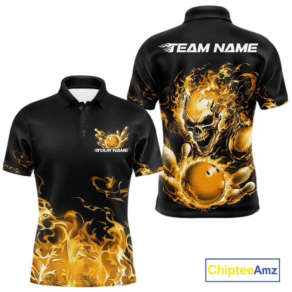 Front and back views of a black bowling polo with yellow flame graphics, a skull holding a yellow bowling ball, and customizable name and team text.