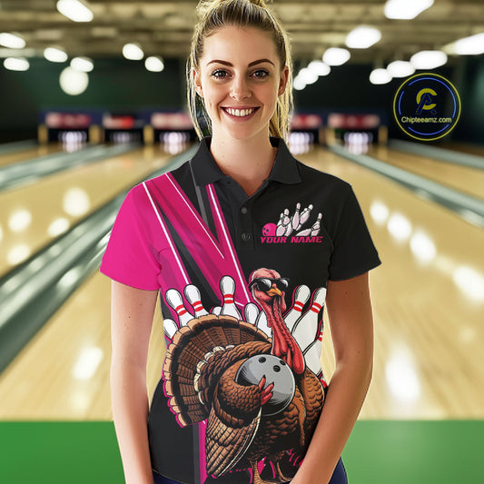 Black And Pink Custom Funny Turkey Bowling Women Shirts, Bowling League Team Shirt IPHW10803