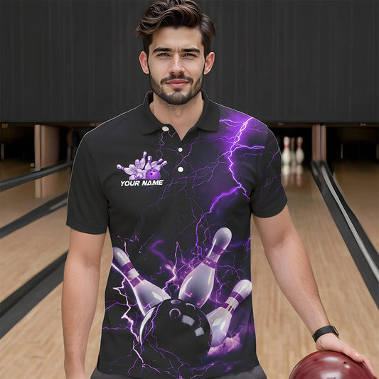 Custom Black And Purple Thunder Lightning Bowling Tournament Polo Shirts For Men IPHW8520