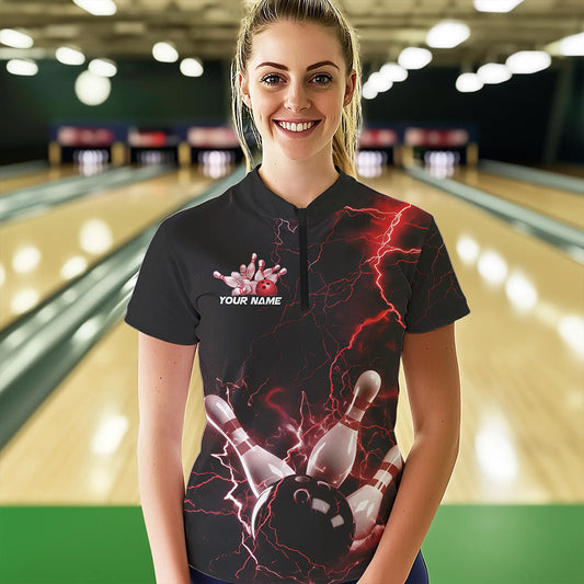 Custom Black And Red Thunder Lightning Bowling Tournament Quarter-Zip Shirts For Women IPHW8521