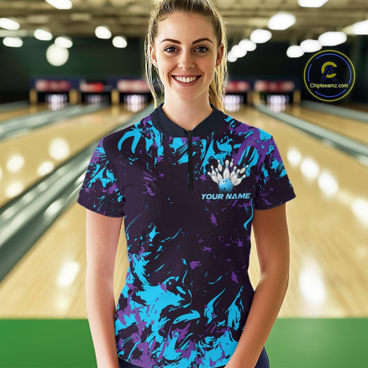 Custom Blue And Purple Camo Women Bowling League Shirt, Bowlers Jersey Tournament Outfit IPHW10618