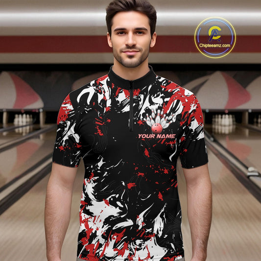 Custom Black, Red And White Camo Men Bowling League Shirt, Bowlers Jerseys Outfits IPHW10619