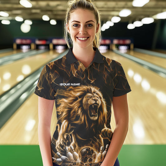 Custom Black And Yellow Flame Lion Bowling Women Polo Shirts, Lion Bowling Team Uniform IPHW8984