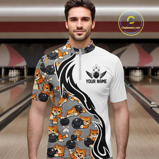Custom Cute Funny Ginger Tabby Cat Bowling Men Quarter-Zip Shirts, Cat Bowling Team Shirt IPHW10316