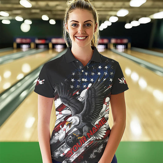 Personalized American Flag Eagle Women Bowling Polo Shirts, Patriotic Bowling League Shirt IPHW8731