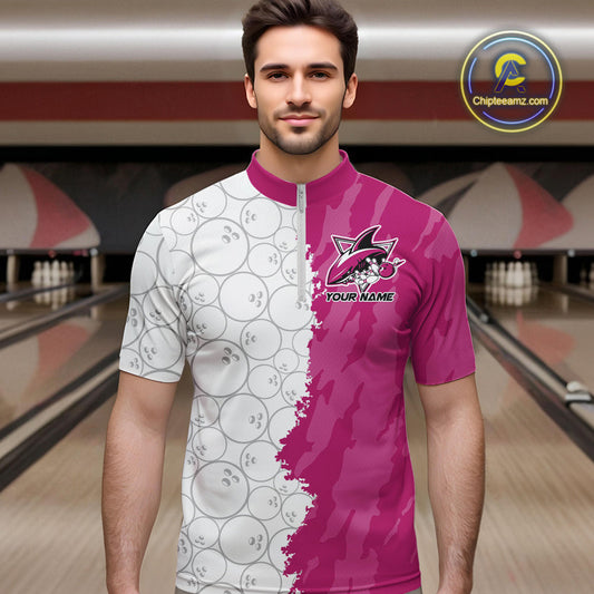 Custom White And Pink Shark Bowling Quarter-Zip Shirts For Men, Shark Bowling League Shirt IPHW8992