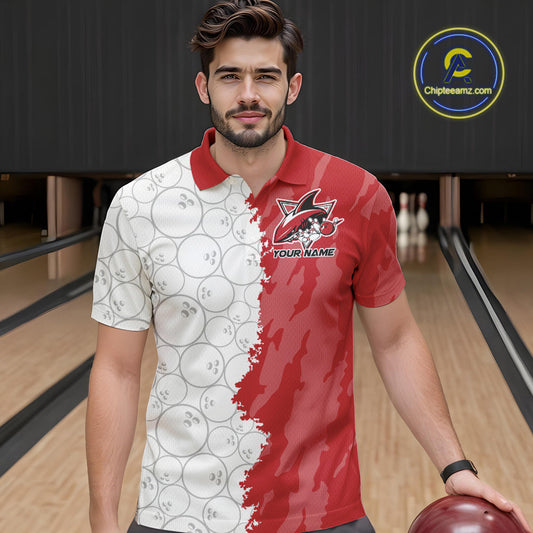 Custom White And Red Shark Bowling Polo Shirts For Men, Shark Bowling League Shirt IPHW8994