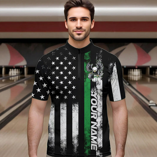 Custom Green Thin Line American Flag Eagle Bowling Men Quarter-Zip Shirts, Patriotic US Bowling IPHW8737