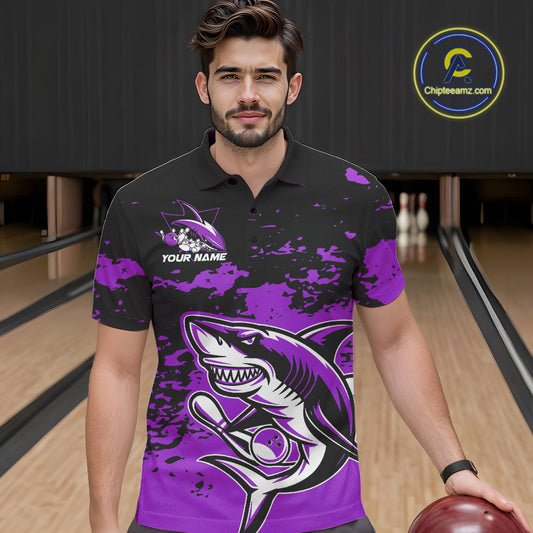 Custom Black And Purple Camo Shark Bowling Team Men Polo Shirts, Bowling Tournament Shirt IPHW8997