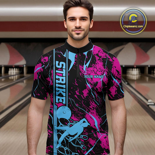 Custom Blue And Pink Strike Bowling Quarter-Zip Team Shirts For Men, Strike Bowling Jersey IPHW9242