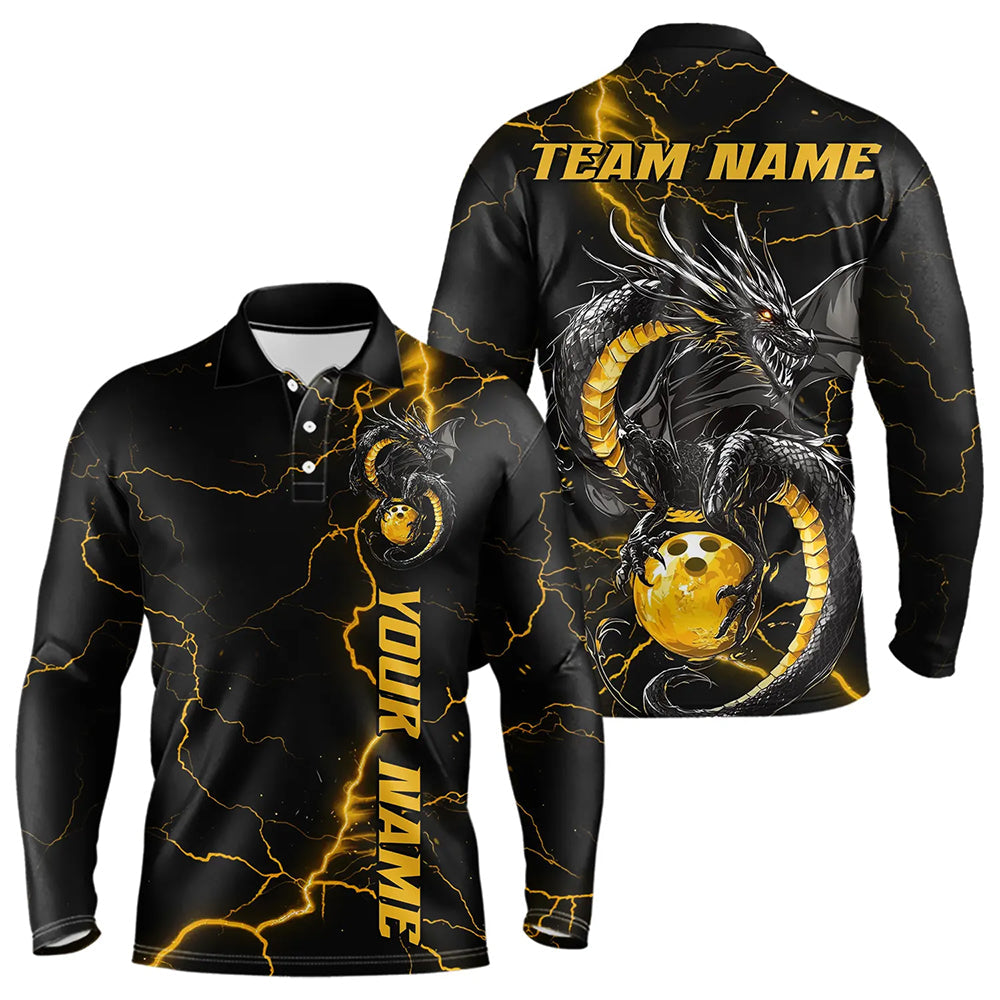 Custom Black And Gold Thunder Lightning Custom Dragon Bowling Men Long Sleeve Polo Team Shirts IPHW7309
