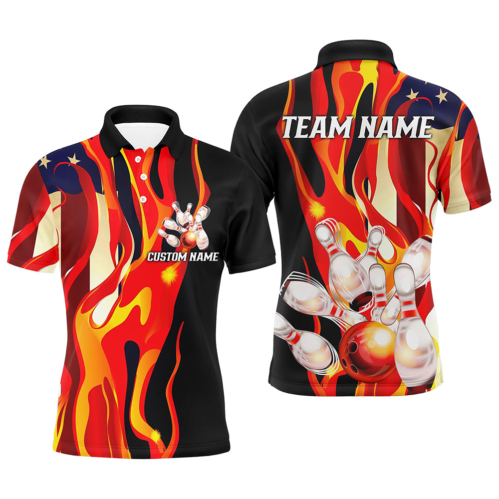 Flame American Flag Custom Bowling Team Shirts For Men And Women, Patriotic Bowling Jerseys IPHW5983
