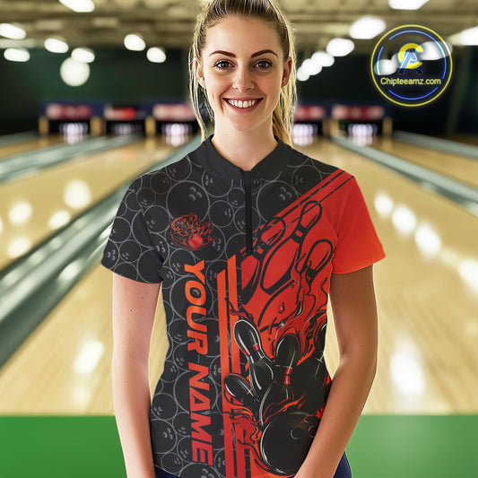 Custom Black And Red Orange Flame Bowling Women Quarter-Zip Shirt, Bowling Pattern Shirt IPHW9271
