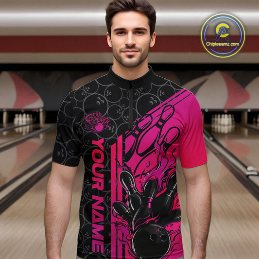 Custom Black And Pink Purple Flame Bowling Quarter-Zip Shirts For Men, Bowling Pattern Shirt IPHW9272