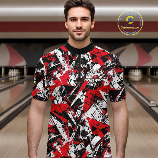 Custom Graffity Red Camo Bowling Team Men Quarter-Zip Shirts, Camouflage Bowling Jerseys IPHW10218