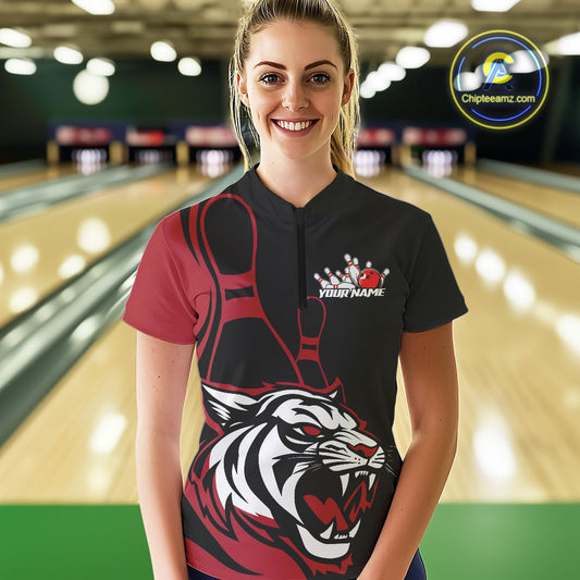 Custom Black And Red Tiger Bowling Jerseys, Tiger Bowling Team Women Quarter-Zip Shirts IPHW9014