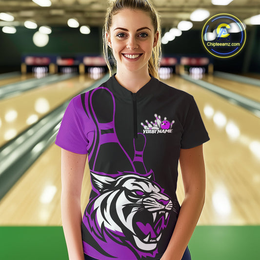 Custom Black And Purple Tiger Bowling Jerseys, Tiger Bowling Team Women Quarter-Zip Shirt IPHW9017