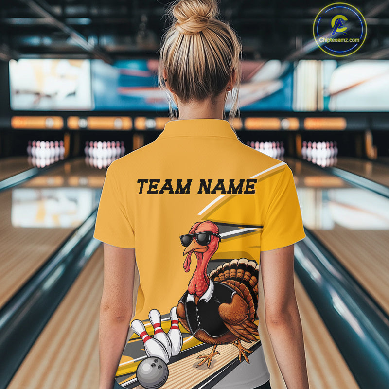 Custom Yellow Funny Turkey Bowling Team Shirts For Women, Thanksgiving Bowler Outfits IPHW7885