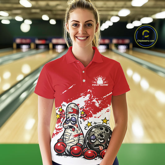 Female model in a bowling lane wearing a red and white polo shirt, humorous boxing bowling ball and pin artwork with energetic cartoon fight-style illustration.