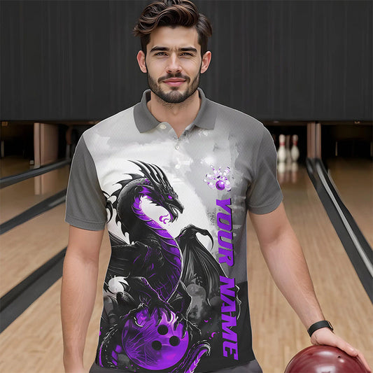 Black And Purple Custom Dragon Bowling Polo Shirts For Men, Dragon Bowling Team Shirts IPHW8817