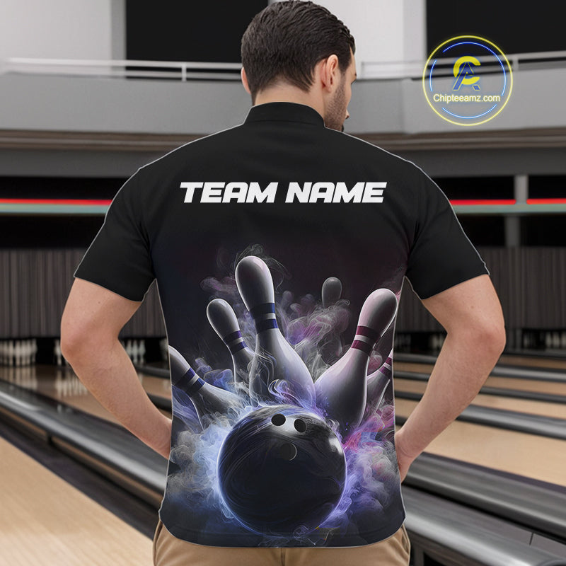 Custom Men Bowling Quarter Zip Shirts Smoke Bowling Team Jerseys Strike Bowling Shirts IPHW5402