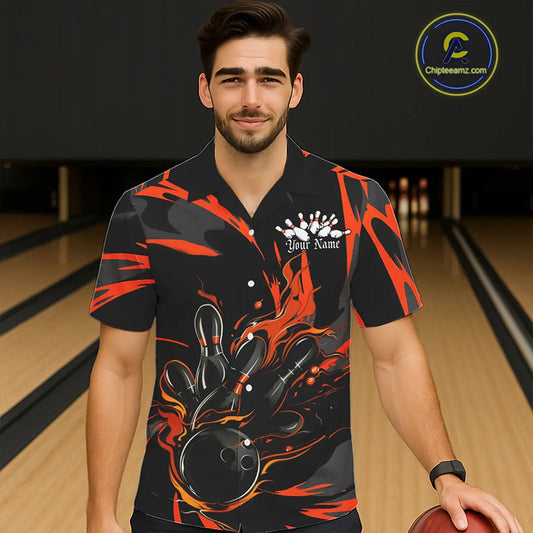 Black And Orange Custom Flame Bowling Shirts For Men And Women, Bowling Team Shirt Bowling Uniform Outfit IPHW7400