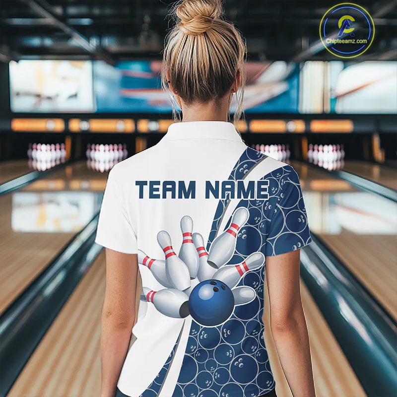 Black And Navy Blue Custom Retro Ladies Bowling Shirts, Classic Vintage Bowling Team Shirt IPHW7413