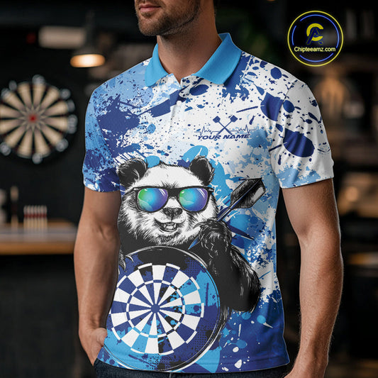 Custom Blue Splatter Funny Panda Dart Polo Shirt For Men, Funny Dart Team Jerseys IPHW10002