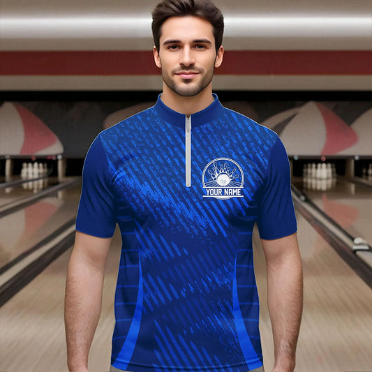 Custom Blue Bowling Team Quarter-Zip Shirts For Men, Bowling Tournament Bowling League Shirt IPHW8536