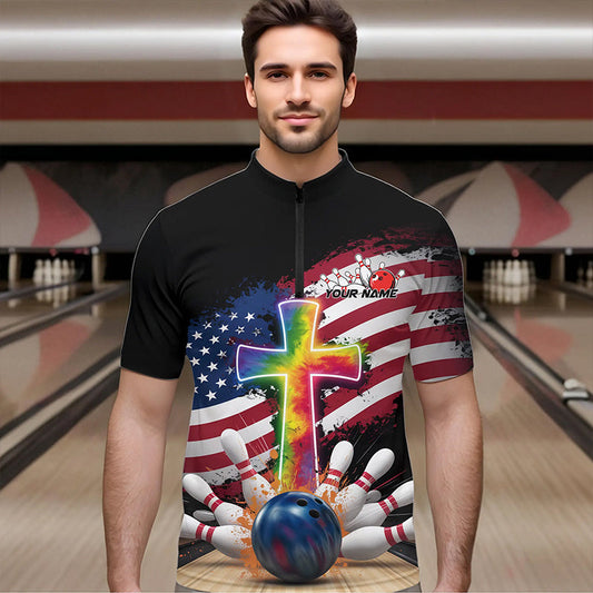 Custom Patriotic Faith Bowling Quarter-Zip Shirts For Men, Tie Dye Cross US Flag Bowling Shirt IPHW8547