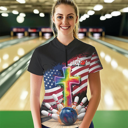 Custom Patriotic Faith Bowling Womens Quarter-Zip Shirts, Tie Dye Cross US Bowling Shirt IPHW8547