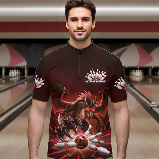 Custom Black And Red Dragon Bowling Team Quarter-Zip Shirts For Men, Dragon Bowling League Shirt IPHW8549