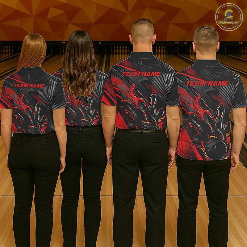 Black And Red Custom Flame Bowling Shirts For Men, Fire Bowling Team Shirt Bowler Jersey IPHW7931