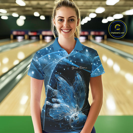 Custom Ethereal Blue Butterfly Bowling Team Women Polo Shirts, Ladies Bowling Outfit IPHW10244