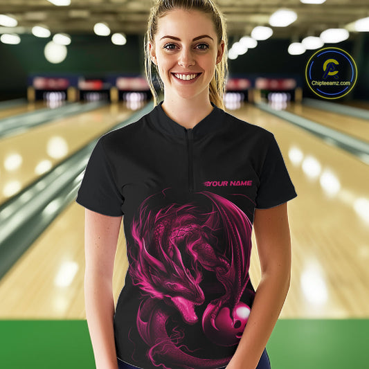 Custom Black And Pink Dragon Bowling Shirts, Bowling League Shirt Dragon Women Jersey IPHW10703