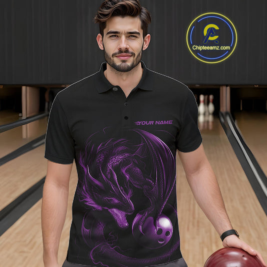 Custom Black And Purple Dragon Bowling Shirts, Bowling League Shirt Dragon Men Jersey IPHW10704