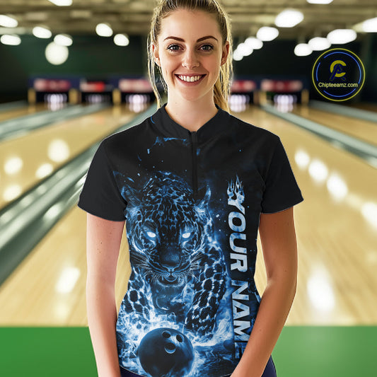 Custom Blue Flaming Leopard Women Bowling Shirts, Fire Bowling Team Shirt Bowler Uniform IPHW10714