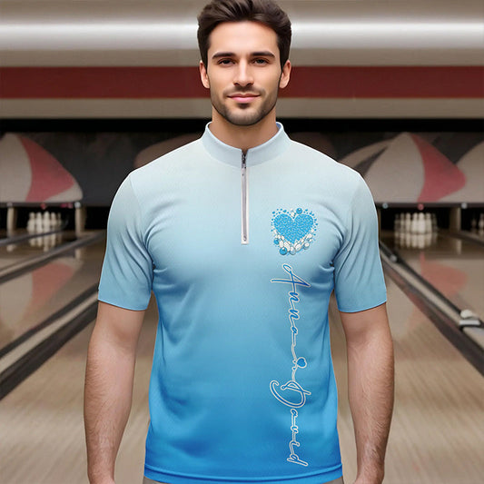 Custom Blue Bowling Heart Quarter-Zip Shirts For Men, Valentine Bowling Couple Outfits IPHW8362