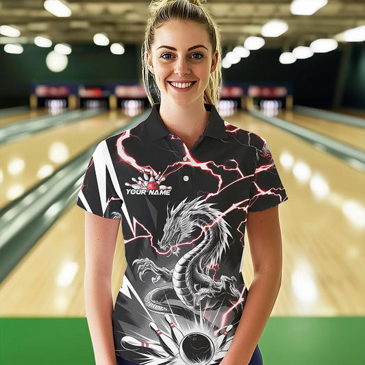 Custom Black And Red Thunder Lightning Dragon Bowling Team Polo Shirts For Women IPHW8556